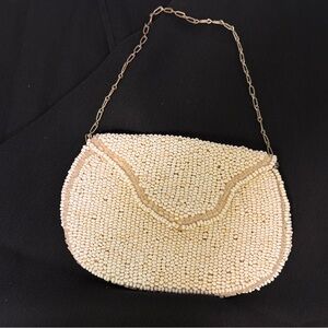 Vintage Ivory Beaded Evening Bag with Chain Handle for Formal Occasions
